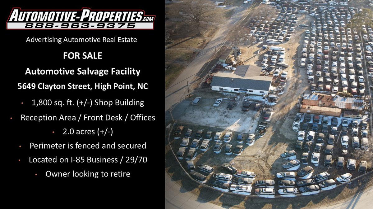 AutoProperties's tweet image. Automotive Salvage Facility For Sale in High Point, NC
5649 Clayton Street

For further details visit: Automotive-Properties.com

#AutoRealEstate #SalvageYard #ForSale #CRE #HighPointNC