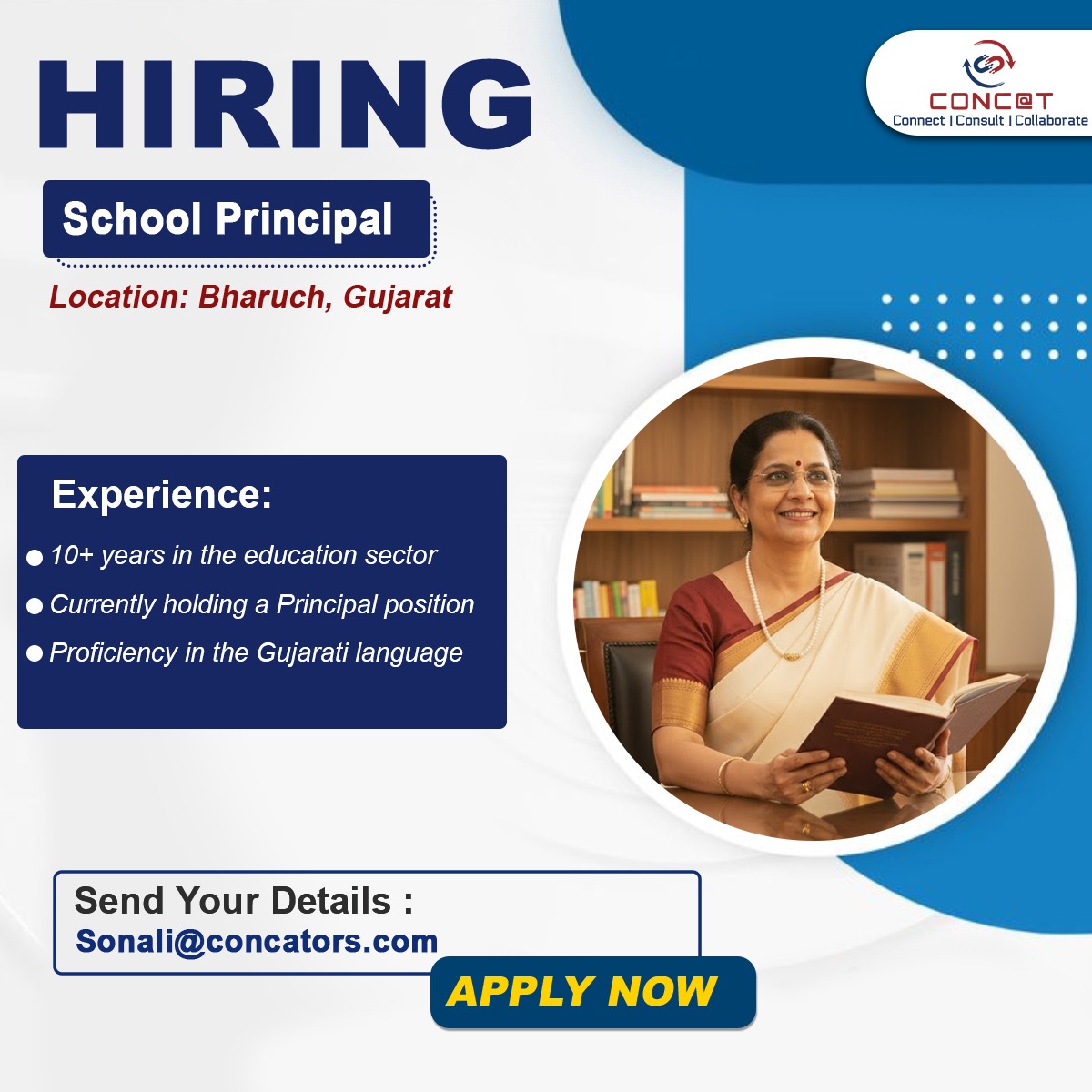 Concators's tweet image. Looking for a dynamic and experienced School Principal in Bharuch, Gujarat.

📧 Send your details: Sonali@concators.com

Join us in shaping the future of education!

#HiringNow #PrincipalJobs #SchoolPrincipal #EducationLeadership #JobsInGujarat #BharuchJobs #EducationSector