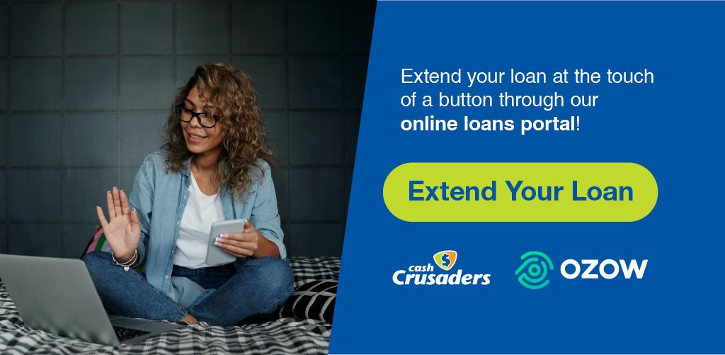 Need more time? Extend your loan in seconds! 

Use our online loans portal powered by Ozow and extend your loan with just a few clicks.

dashboard.cashcrusaders.co.za
#CashCrusaders #extensions #OZOW