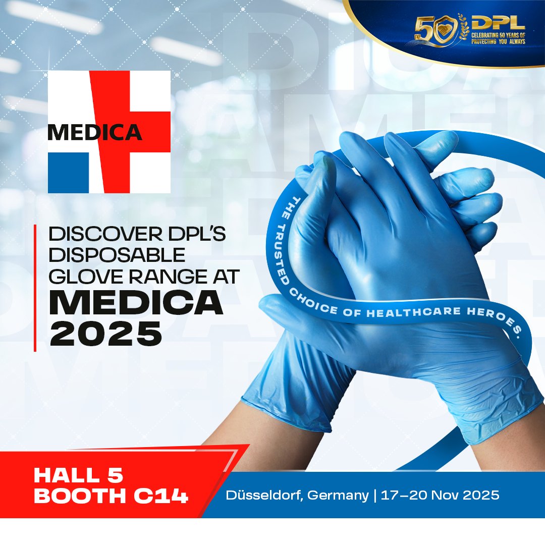 Join us at MEDICA 2025 and experience the next generation of medical gloves! 

Date: 17–20 November
Booth: Hall 5 | Booth C14, Düsseldorf, Germany

Visit us and discover how DPL is redefining hand protection for the medical world.
#MEDICA2025 #DPL #MedicalGloves #Innovation