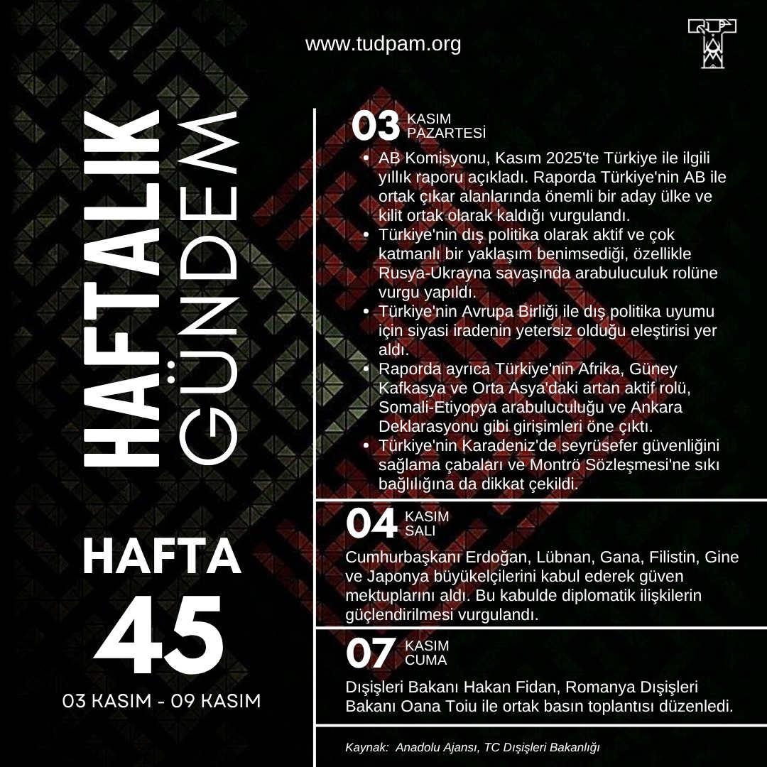 📌TUDPAM Araştırma Asistanı Görkem Berk Gedikli‘nin hazırlayıp tasarladığı “Haftalık Gündem 2025 45. Hafta” isimli #Türk Dış Politikasının haftalık gündem infografiği sizler için beğenilerinize sunulmaktadır.

İncelemek için 👇🏼👇🏼👇🏼
tudpam.org/haftalik-gunde…