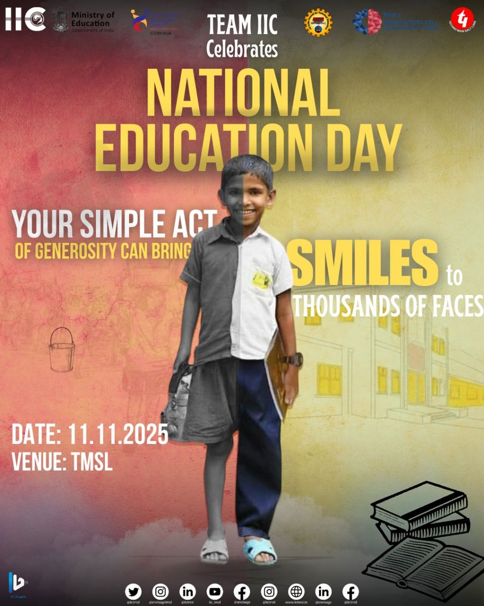iictmsl's tweet photo. Education isn’t just about knowing more — it’s about becoming more. 💫
This #NationalEducationDay, Team IIC honors Maulana Abul Kalam Azad’s vision — to learn, create, and inspire beyond classrooms.
Here’s to the spirit of learning that shapes our future. 📚✨ https://t.co/NpgRzTI8rc