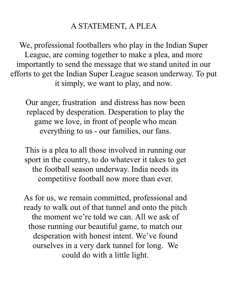 IFTWC's tweet photo. “We just want to play.”

A joint statement has been issued by Indian Football team players as AIFF's inaction has brough Indian football to a standstill. https://t.co/tHlYENHcKF