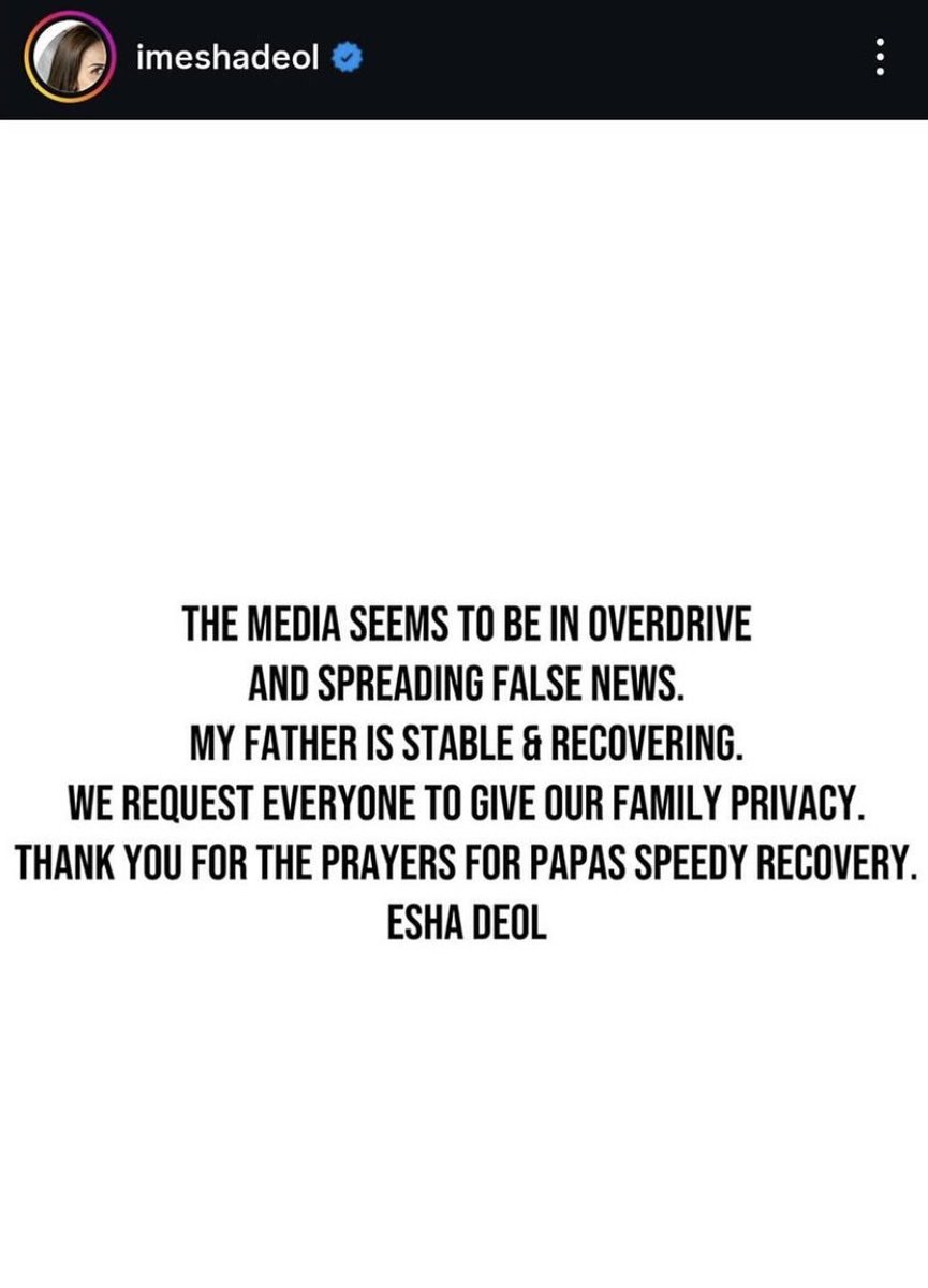This is a sensitive situation.
Dharmendra Ji’s family has confirmed he is alive and urged everyone not to spread unverified news.
Let’s act responsibly and avoid rumors that create panic — and pray for Dharmendra ji’s speedy recovery 🙏

#dharmendra #eshadeol #hemamalini