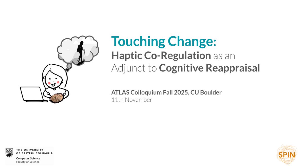 Presenting our recent work on affective haptics and cognitive reappraisal at <a href="/cuatlas/">ATLAS Institute 🦬</a> Fall Colloquium tomorrow. The talk starts at 11:30 am MT in person at ATLS 208 and in zoom cuboulder.zoom.us/j/93867790852
Hope to see some of you in person <a href="/cuatlas/">ATLAS Institute 🦬</a> <a href="/CUBoulder/">CU Boulder 🦬</a> 🏔️