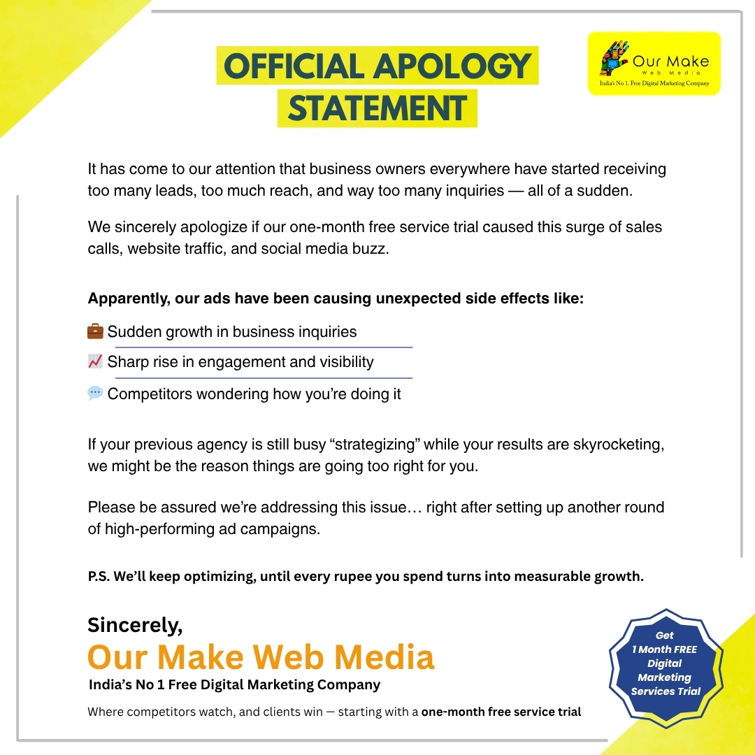 ourmakewebmedia's tweet image. 🚨 OFFICIAL APOLOGY 🚨
We owe the market an apology — our campaigns caused too much growth, too many leads, and way too many switches to us.
Real results make real noise. 💥
#OfficialApologyStatement #MomentMarketing #OurMakeWebMedia