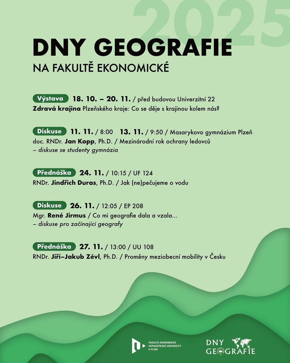 Letos probíhají Dny geografie 🌏 také na geografickém pracovišti v Plzni. Můžete se během těchto dnů zúčastnit přednášek, diskusí nebo vidět výstavu. Budeme se těšit na setkání s vámi!