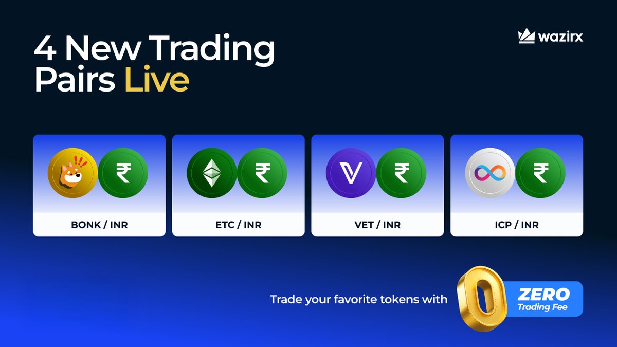 4 New INR pairs are here ⚡️ Order placement is now open for BONK, ETC, VET,  and ICP in the INR market. To ensure a smooth trading experience, order  matching will begin