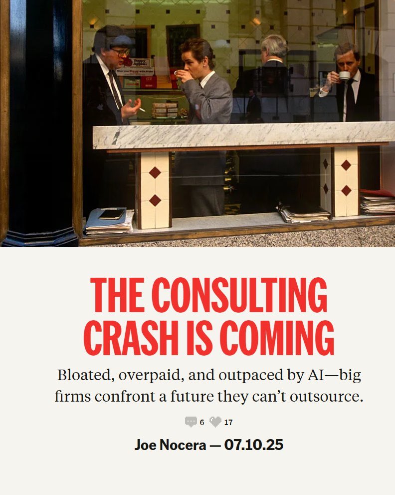 🗞️ إنهيار قادم لصناعة "الاستشارات"

انتشرت مؤخراً مقابلة قديمة لبيتر ثييل من عام ٢٠٢٣، ذكر فيها أن "القيمة الحقيقية" للشركات الاستشارية كانت في الثمانينيات، بسبب الاستحواذات وقتها والحاجة إلى إعادة الهيكلة التي تطلبت جهات خارجية قادرة على تنفيذ المهام الصعبة مثل دمج الثقافات