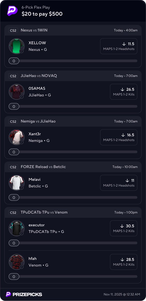 ajleam55's tweet photo. Two 6-Leg Flex slips live for CS2 🎯🔥
Pure EV, no hype — just data + discipline 🧠📊
Let’s cook again. Locked in ✅💪

#CS2 #6LegFlex #PrizePicks #EVPlus https://t.co/t0LVIgwnnr