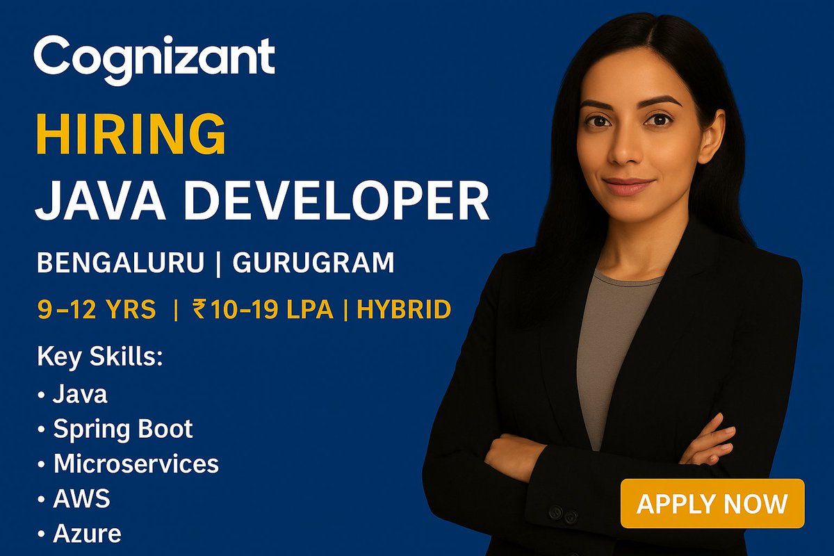 jobpe4u's tweet image. 💻 Join Cognizant as a Java Developer!  
📍 Bengaluru | Gurugram  
💼 9–12 yrs | 💰 ₹10–19 LPA | Hybrid  

Work with Java 8, Spring Boot, Microservices &amp;amp; AWS/Azure.  

Apply now 👉 JobPe.com  

#Cognizant #JavaJobs #AWS #Azure #HiringNow #TechJobs #JobPe