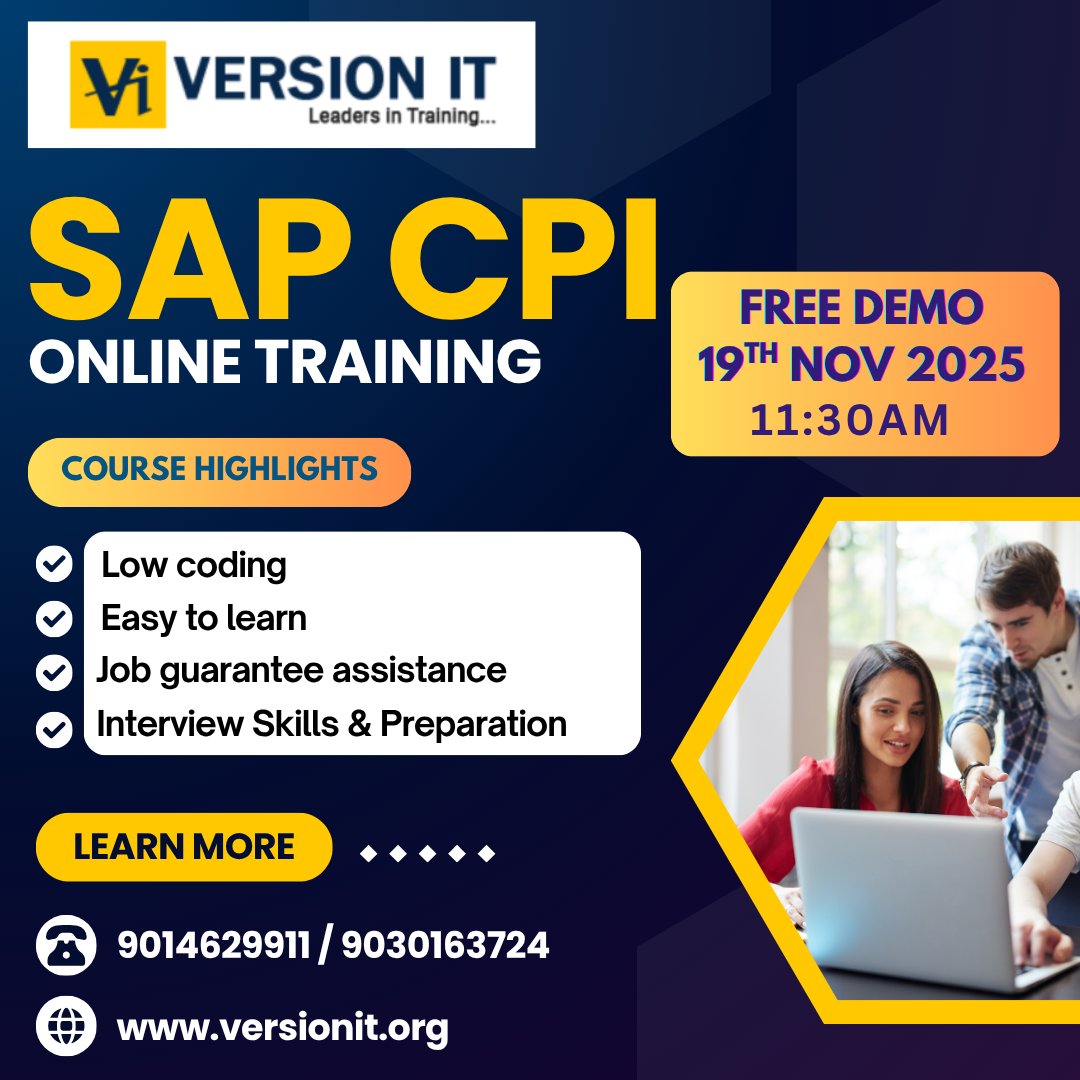 PVersionit's tweet image. 🚀 Master SAP CPI – Cloud Platform Integration with Version IT!

Learn to integrate SAP &amp;amp; non-SAP systems for secure, real-time data exchange. 🌐
💻 Online Demo: 19th Nov | ⏰ 11:30 AM

#SAPCPI #SAPTraining #VersionIT