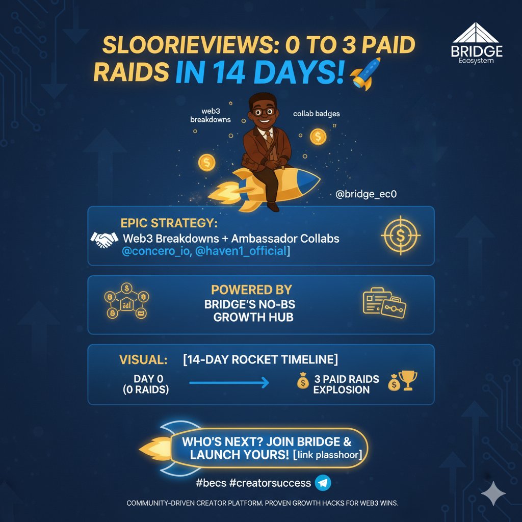 Case study crush!

Hey <a href="/Bridge_EC0/">Bridge Ecosystem</a>

Fam, <a href="/slooreviews/">Sloo Reviews 🟫🕊️🟤</a> rocketed from 0 to 3 paid raids in 14 days—leveraging Web3 breakdowns and

Ambassador collabs with <a href="/concero_io/">Concero</a> &amp; <a href="/Haven1official/">Haven1 🧑‍🚀</a>, and no-BS marketing via Bridge's growth hub!

Epic journey. 

Who's next? #BECS #CreatorSuccess