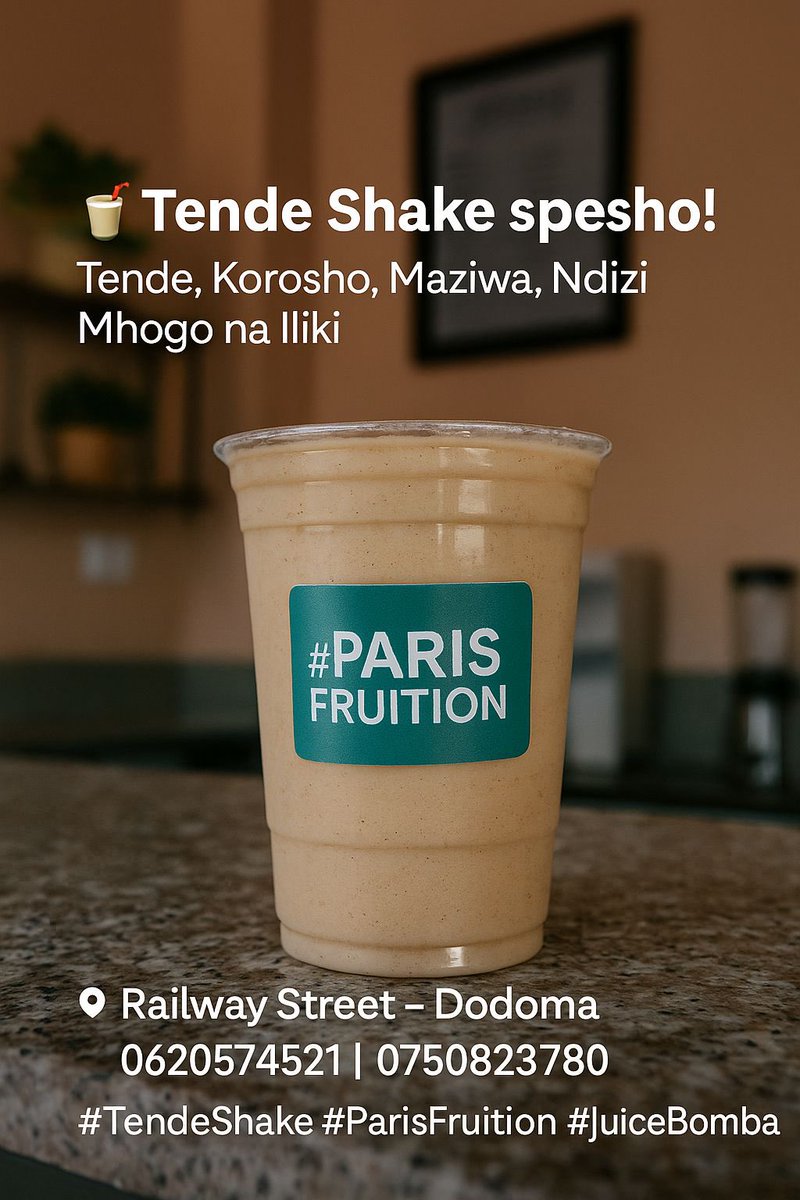 Paris_Fruition's tweet photo. ๐ฅคTende Shake spesho!
Inapatikana #ParisFruition! Mchanganyiko wa *Tende, Korosho, Maziwa, Ndizi, Mhogo na Iliki* โ tamu, laini na yenye nguvu ya kutosha!
๐ Railway Street โ Dodoma
๐ 0620574521 | 0750823780
#TendeShake #ParisFruition #JuiceBomba https://t.co/a28k9F5uXX