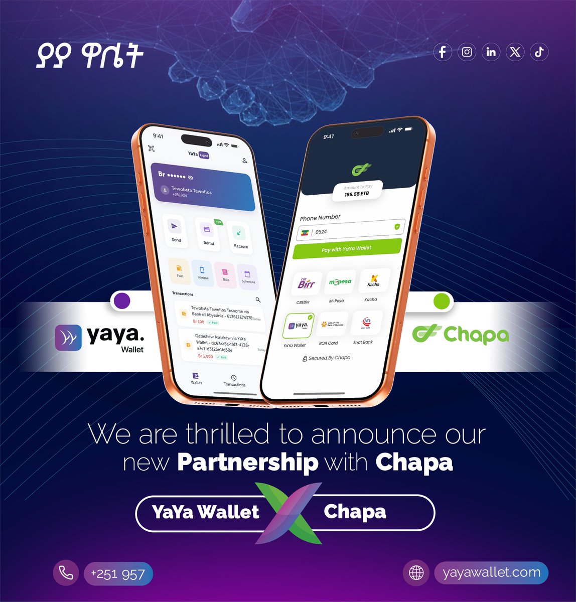 We are excited to announce our partnership with <a href="/Chapa_ET/">Chapa</a>!

You can now make payments on Chapa’s checkout using your YaYa Wallet, making your transactions faster, safer, and more convenient than ever.

⬇️ yayawallet.com/install

#YaYaWallet #Chapa #Partnership