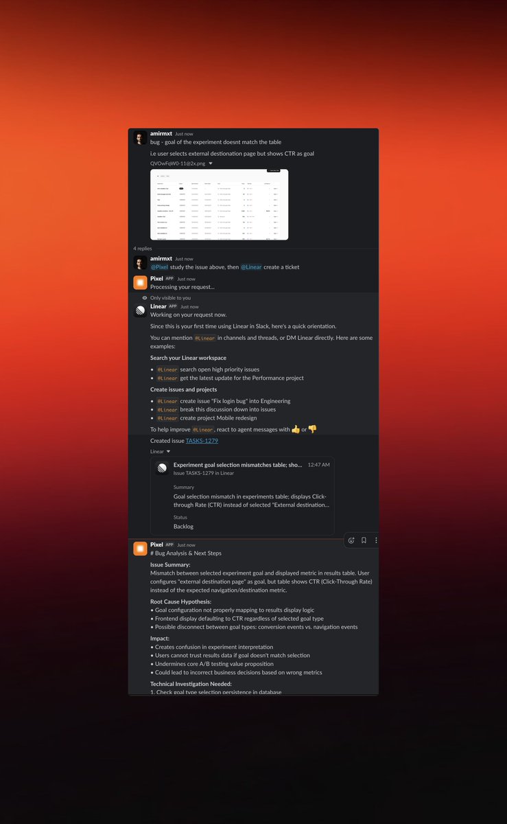 we now manage our self reported bugs with custom agents in slack

1 - i report the issue directly with some basic context and images

2 - tag <a href="/linear/">Linear</a> and our own bot to create a detail and for our own agent to expand on the issue (it has context around our codebase and product)