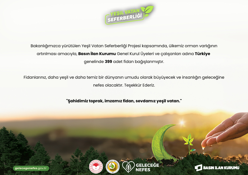 Genel Kurul Üyelerimiz ve Kurum çalışanlarımız adına, 11 Kasım Millî Ağaçlandırma Günü kapsamında geleceğe nefes olacak 399 adet fidanımızı toprakla buluşturmak üzere bağışta bulunduk. 🌳

Her bir fidan, ülkemizin yeşil varlıklarını çoğaltmak ve gelecek nesillere yaşanabilir bir