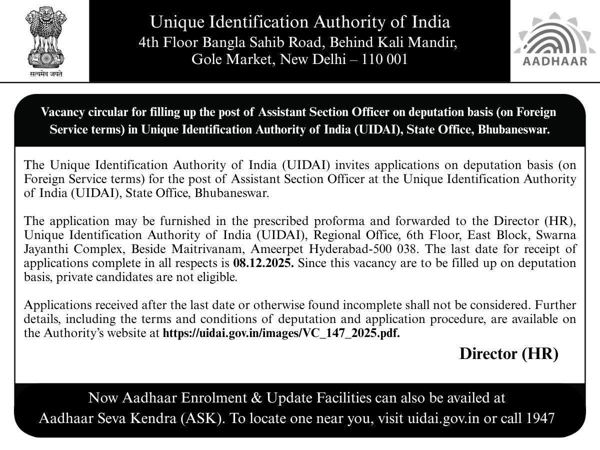UIDAI's tweet image. #UIDAI invites applications for the post of Assistant Section Officer on deputation basis (on Foreign Service terms) at its State Office, Bhubaneswar.

Please read the instructions carefully before applying. For more details, visit: uidai.gov.in/images/VC_147_…

The last date to apply…
