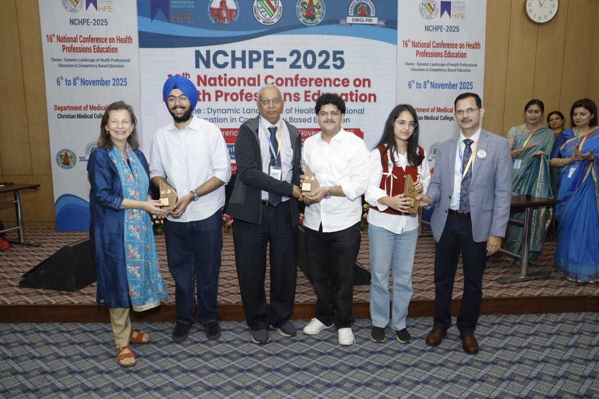 sgrduhs's tweet photo. Congratulations to Harsirjan Singh Bagga, Naman Sharma and Nishtha Pahwa our MBBS students for having secured 1st position as a team for 1st ever student Health Hackathon in National Conference on Heath Professional Educations NCHPE – 25 held at CMC-Ludhiana. https://t.co/V0LuvOPx8h
