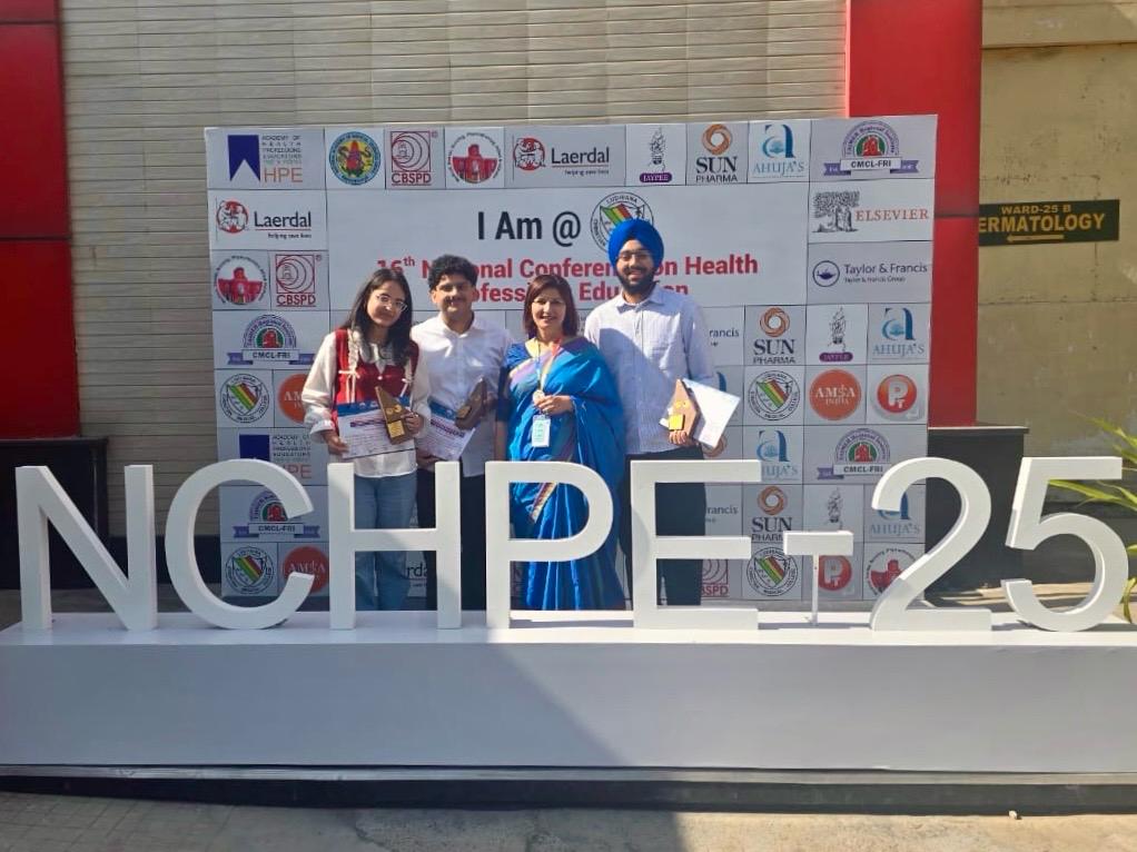 sgrduhs's tweet photo. Congratulations to Harsirjan Singh Bagga, Naman Sharma and Nishtha Pahwa our MBBS students for having secured 1st position as a team for 1st ever student Health Hackathon in National Conference on Heath Professional Educations NCHPE – 25 held at CMC-Ludhiana. https://t.co/V0LuvOPx8h