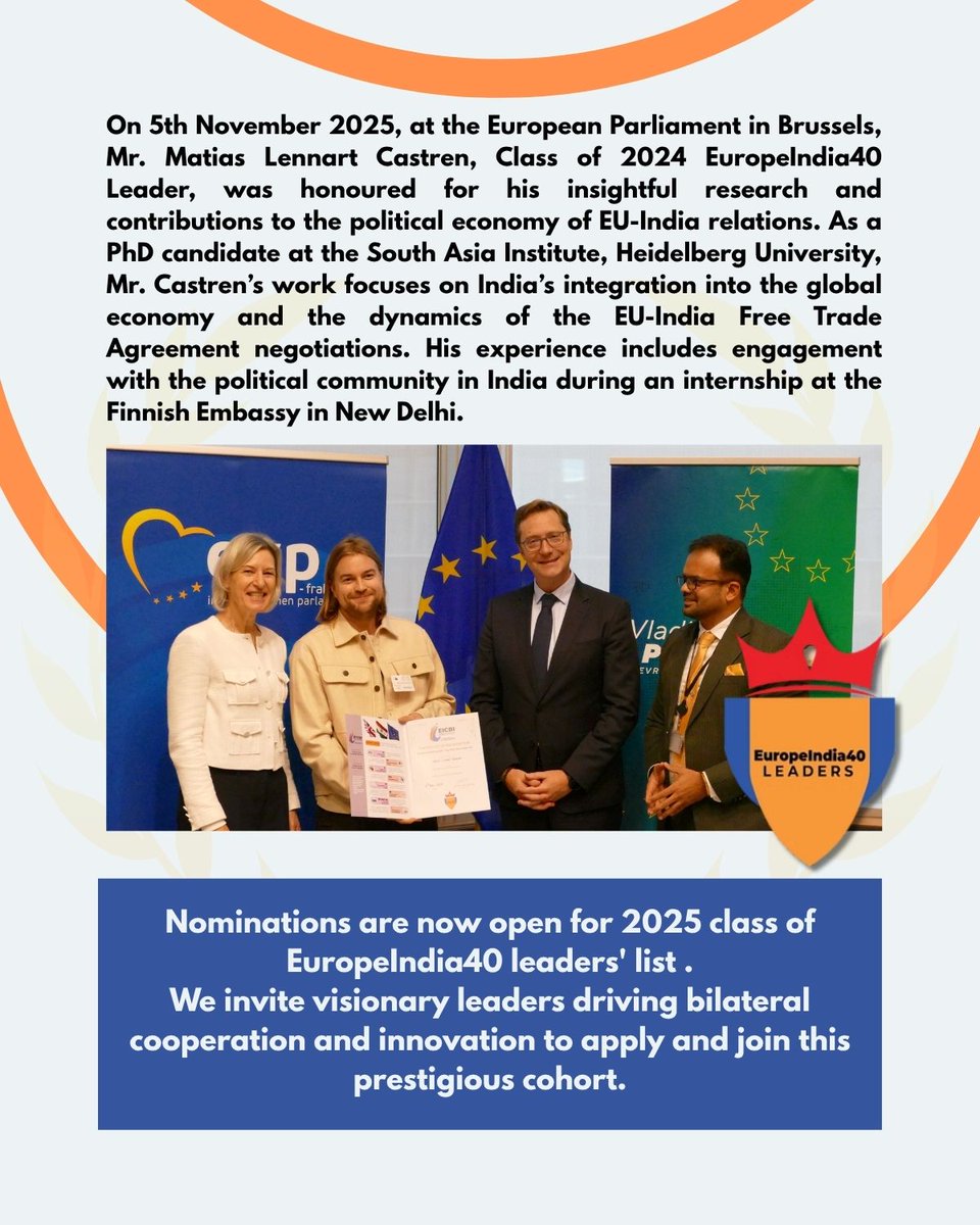 EuropeIndiaCBI's tweet photo. Congrats to Matias Lennart Castren, PhD Student, Heidelberg University, on being honoured as a EuropeIndia40 Leader during our EU India Leaders Conference at the EU Parliament on 5th Nov! 

Nominations open for the 2025 class of EuropeIndia40 Leaders!
https://t.co/Vaol7JQyFE https://t.co/hIZOu7XoVX