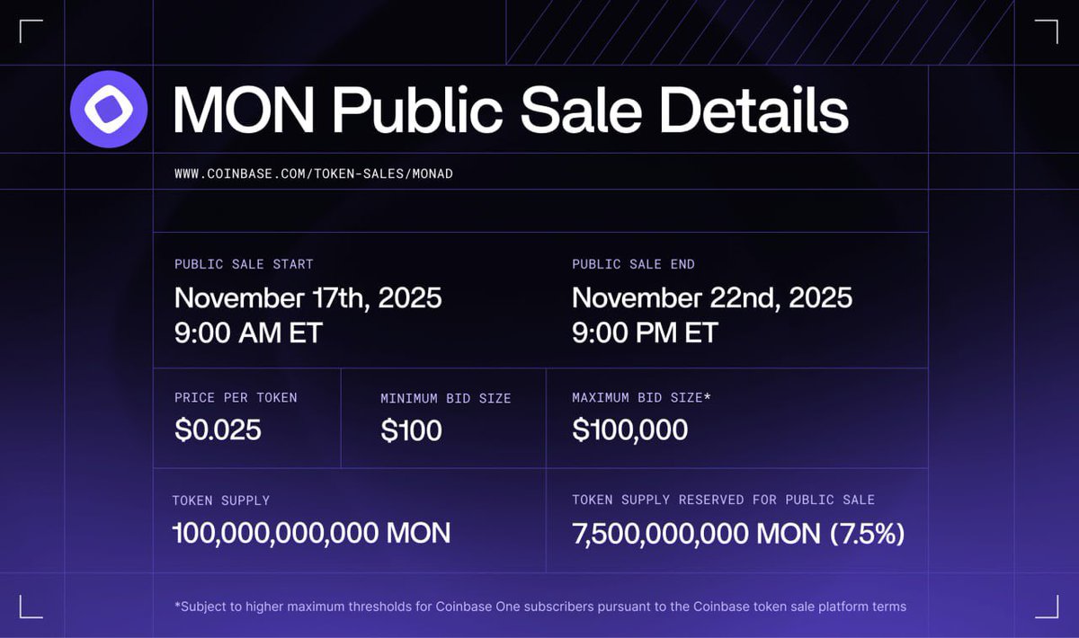 Monad ICO Sale - What you need to know before bidding❗️

@Monad $MON is set for the first-ever token sale on @Coinbase, right after their $400M buyout of <a href="/echodotxyz/">echo</a>

🔱 FDV- $2.5B (100% TGE)  
🔱 Raise- $187M (7.5%)  
🔱 Format- Filling from the bottom (small bids first)  
🔱