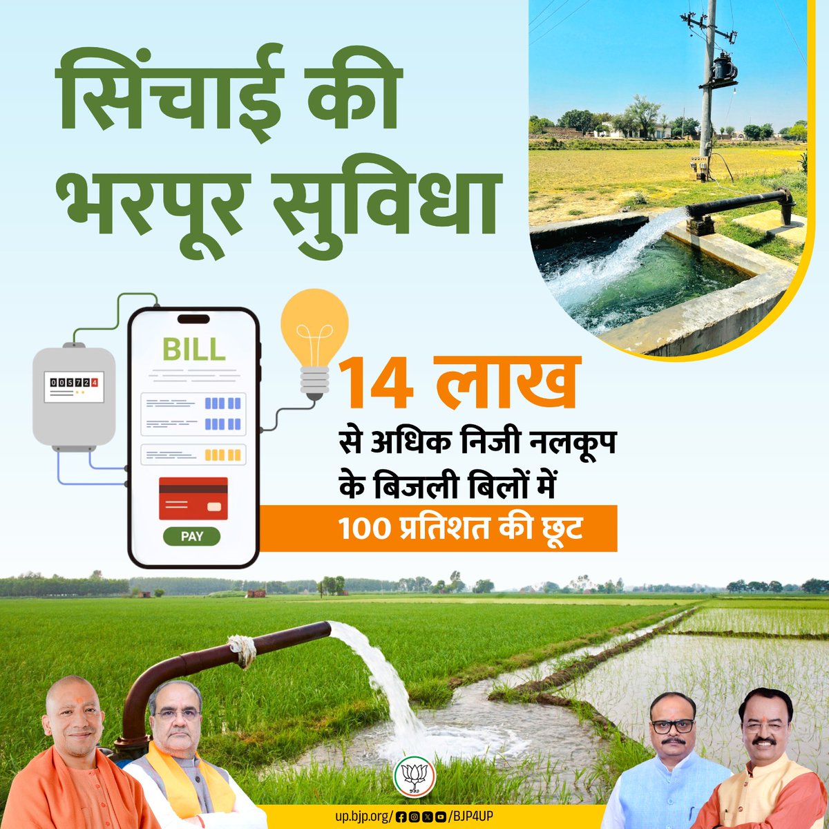 भाजपा की डबल इंजन सरकार में अन्नदाता किसानों के सामने अब सिंचाई का संकट नहीं है। उन्हें राहत देने के लिए विभिन्न कल्याणकारी योजनाएं संचालित हैं। 

14 लाख से अधिक निजी नलकूप के बिजली बिलों में 100 प्रतिशत की छूट

#BJP4ViksitBharat #सशक्त_यूपी_सशक्त_भारत #BJP4UP