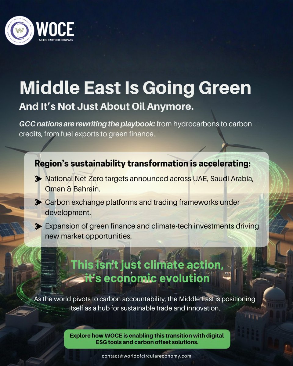 The Middle East is shifting gears — from oil to offsets, and from hydrocarbons to carbon credits. 

GCC nations are building the foundation for a new carbon economy, powered by green finance and digital sustainability.

The next big trade revolution is carbon.

#Sustainability