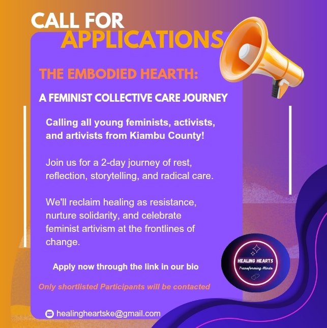 Healingheartske's tweet image. Calling all young Feminists, Activists &amp;amp; Artivists! 
Healing Hearts CBO invites you to a two-day Feminist Self-Care Collective Journey a space of healing, inclusion, and collective power And Diversity.

👉🏾 Apply through the link 
forms.gle/VBSceZy1hmd7Bj…