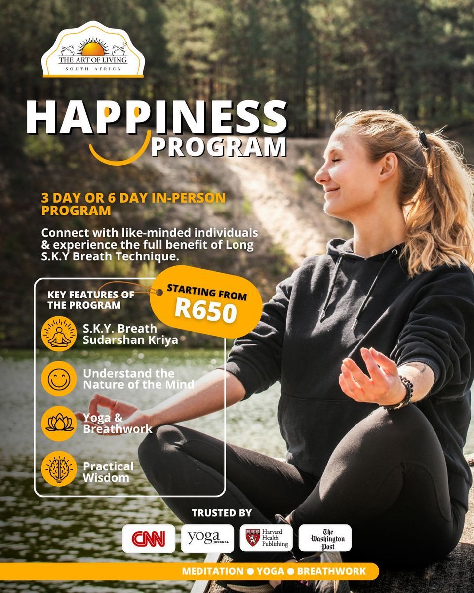 artofliving_sa's tweet image. Join the Happiness Program to experience powerful breathwork and meditation that open the heart, calm the mind, and awaken compassion within.💛 Be kind to yourself, the rest will follow.✨ Register now; bit.ly/3LezHGK #HappinessProgram #Meditation #Kindness #ArtofLiving
