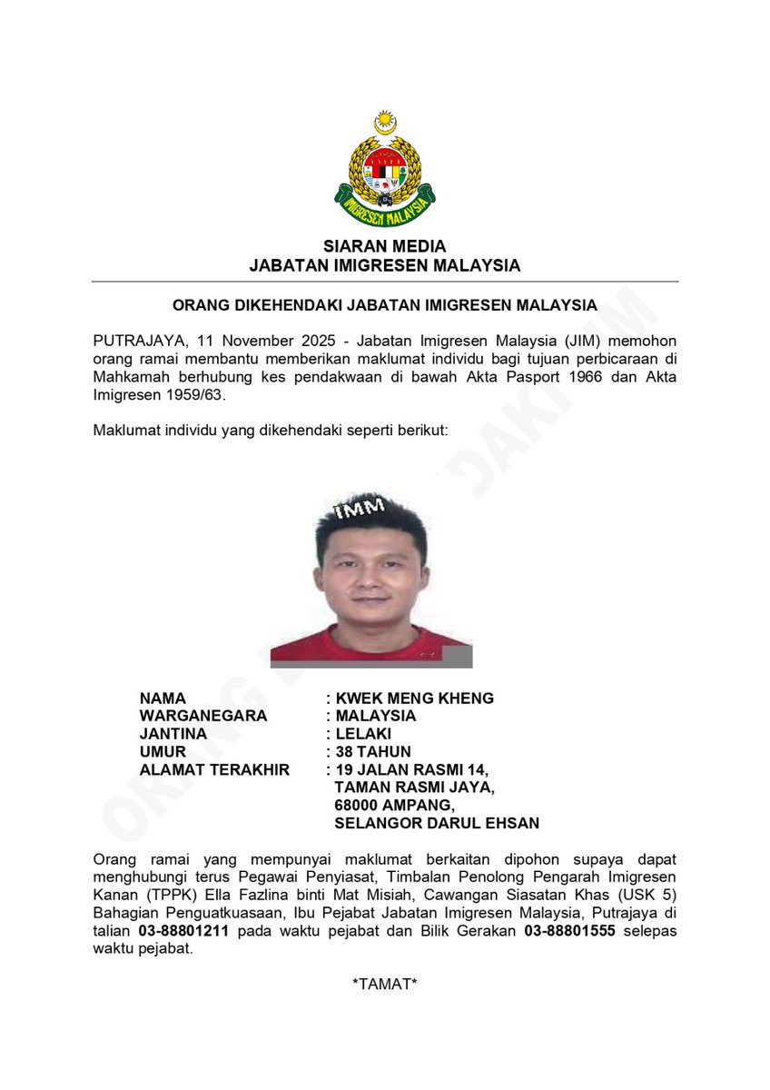 imigresenmy's tweet photo. 𝙊𝙍𝘼𝙉𝙂 𝘿𝙄𝙆𝙀𝙃𝙀𝙉𝘿𝘼𝙆𝙄 𝙅𝘼𝘽𝘼𝙏𝘼𝙉 𝙄𝙈𝙄𝙂𝙍𝙀𝙎𝙀𝙉 𝙈𝘼𝙇𝘼𝙔𝙎𝙄𝘼 https://t.co/1l8DFulmY7