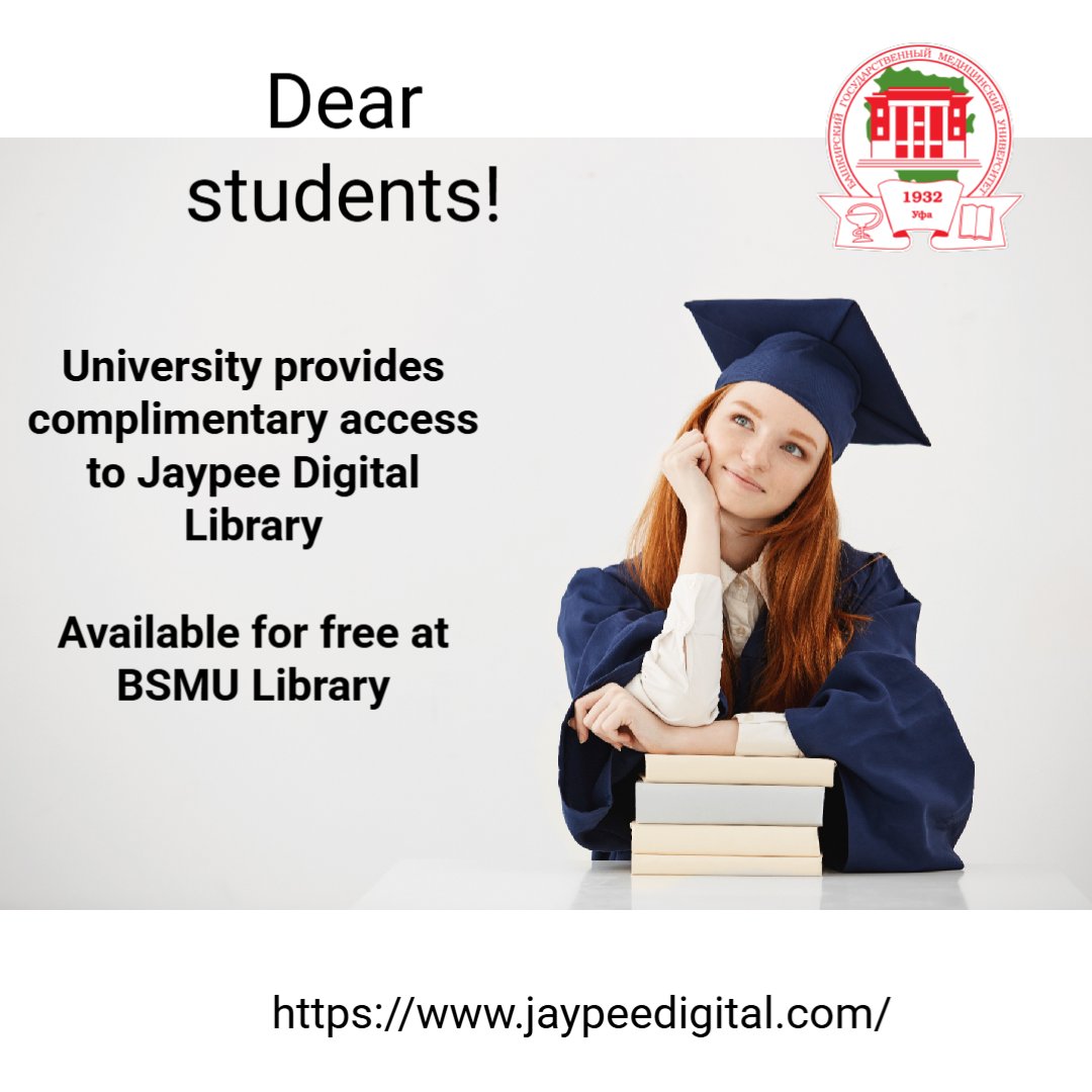 BashkirSMU's tweet photo. Dear students!

University provides complimentary access to Jaypee Digital Library
Available for free at BSMU Library

https://t.co/guZHy3bZEP https://t.co/sF85eMHN0v