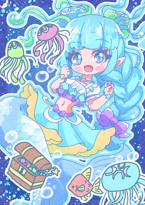 新シリーズ星座シリーズ1作目 「うお座のプリンセス」 深海にいる人魚のお姫様 イラストの感想ぜひリプライや引用RTできかせてね( *'艸`) #創作 #創作イラスト #oc