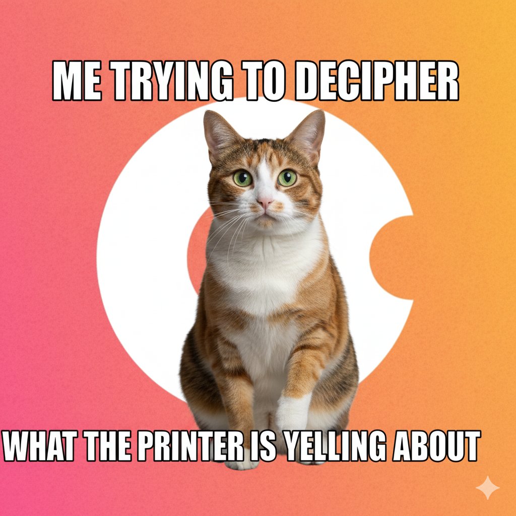 Amekity's tweet photo. When the printer starts making mysterious noises..🤯 Who else has felt like this cat, trying to decipher the machine's secret code? 😹 #PrinterProblems #OfficeWork #CatMemes #curiousbrowsermeme https://t.co/AsmXGDPscN