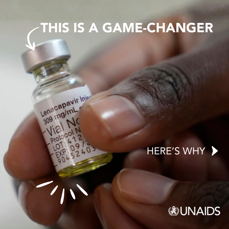 UNAIDS's tweet photo. Lenacapavir: a game-changer for the HIV response. Swipe to understand why it is crucial for people most in need to be able to access this new revolutionary prevention option ⬇️