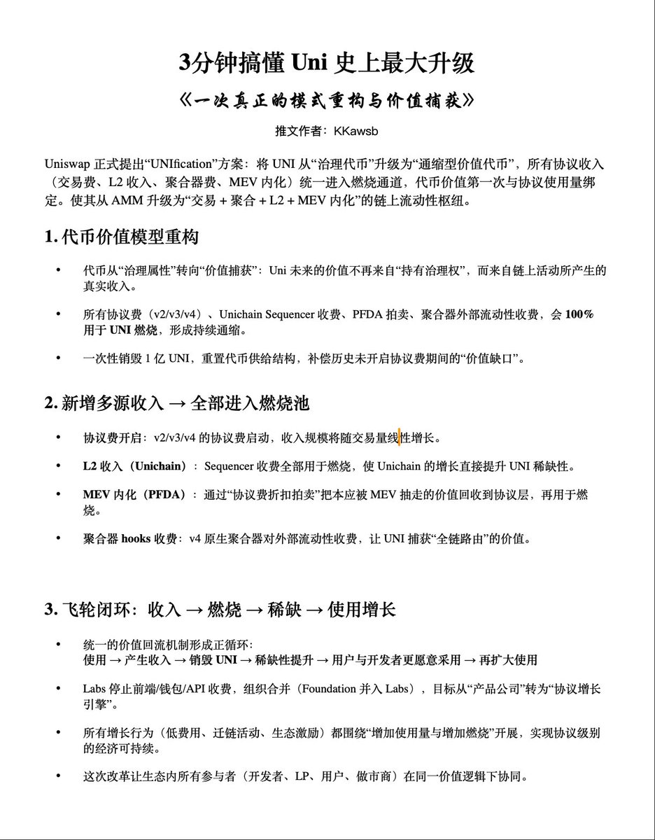 3分钟搞懂 Uni 史上最大升级：一次真正的模式重构与价值捕获

“Uniswap 终于把“使用量”与“代币价值”绑定在一起，这是 DeFi 五年来最重要的价值捕获升级之一。”

“UNI 从治理代币升级为“链上现金流—价值燃烧型资产”，这是它真正意义上的第 2 次诞生。”

“一次性销毁 1 亿 UNI