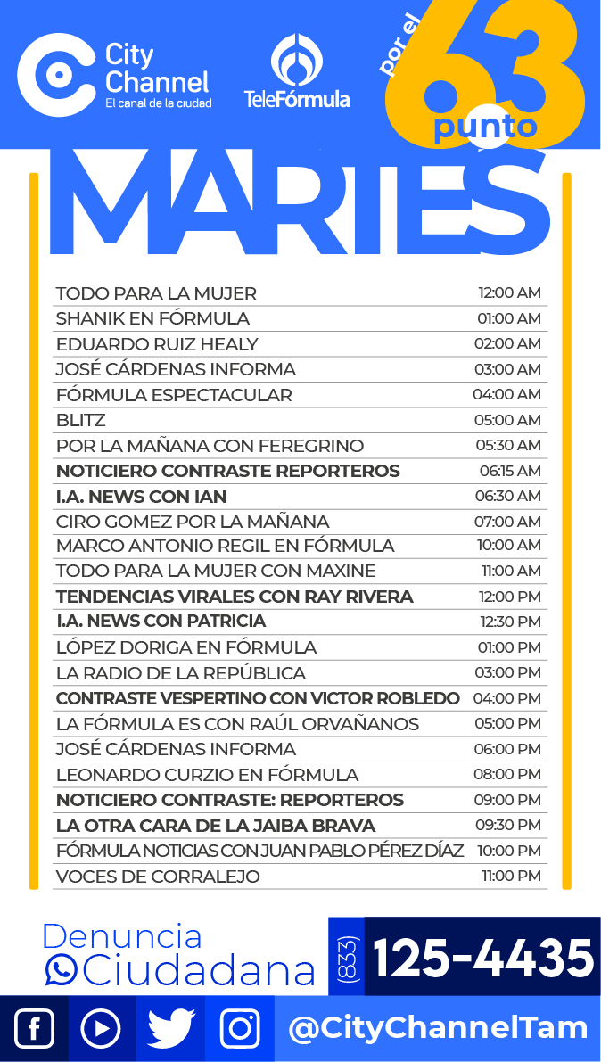 Citychannel_'s tweet image. Te compartimos nuestra programación para este Lunes 10  de Noviembre de 2025
✅ 📡 Sintoniza nuestra señal:
Facebook Live📱
Youtube: 

📺6.3 TV abierta
📺Súper Cable canal 9
📺Cable Sur canal 28.5
📺Cable Pánuco canal 96
📺Canal 14 INBTEL
#CityChannel el canal de la ciudad.🟡