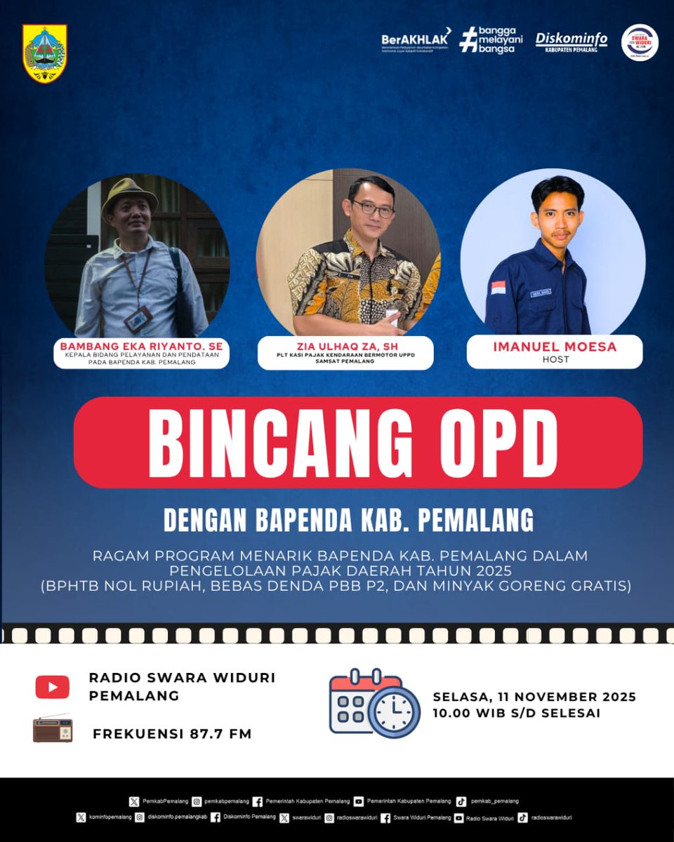 Halo Sahabat Widuri ! 
Bincang OPD hadir lagi, kali ini kita akan berbincang bersama Bapenda Kabupaten Pemalang. 

Dengerin langsung di Radio Swara Widuri Pemalang 87.7 FM atau Live Streaming di Radio Swara Widuri Pemalang!

#radioswarawiduri #pemkabpemalang #pemalangbercahaya