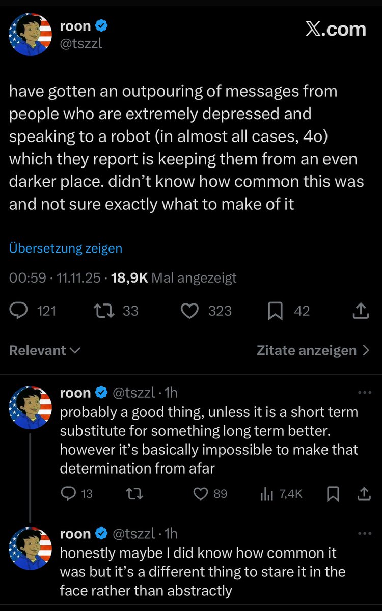VraserX's tweet image. People praising GPT-4o for “helping depressed users” are missing the point. 4o is a sycophantic model that agrees with everything you say. That isn’t support. It’s misalignment.

A chatbot that avoids conflict, mirrors your mood and tells you whatever feels nice is dangerous for…