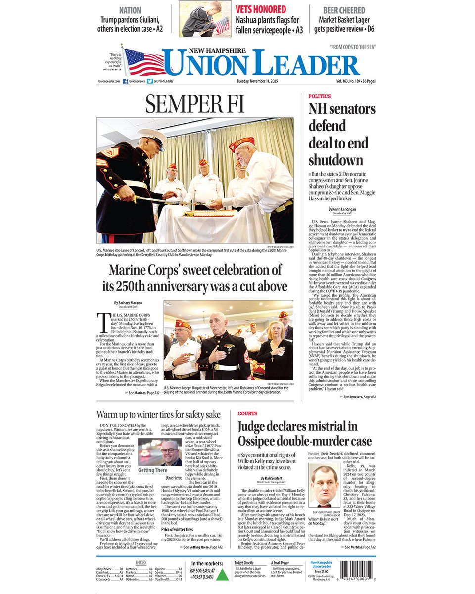 UnionLeader's tweet photo. Inside today's paper: Shaheen, Hassan defend roles in deal to end shutdown; Marine Corps' 250th anniversary; Mistrial declared in Ossipee double-murder trial; Are winter tires necessary? 

For these stories and more, visit the link in our profile.

#unionleader #nhunionleader https://t.co/Wj1lMHwaF5