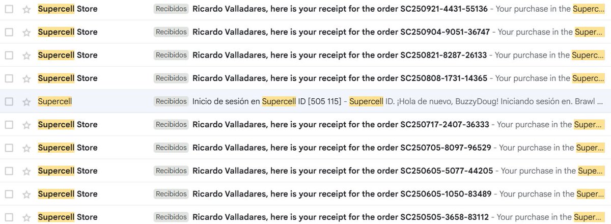 IntoBuzzness's tweet photo. Extra proof → I'm an Ecuadorian usser, and an only Brawl Stars player, I have most of my supercell store payments in my gmail account, all of them are only from Brawl Stars, such as gems and brawl passes https://t.co/Utmzt9rl58