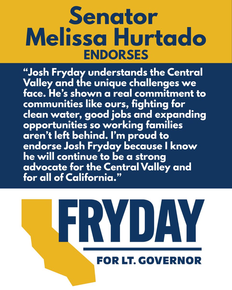Thank you <a href="/MHurtadoCA/">Melissa Hurtado</a> for your support of my campaign for Lieutenant Governor! I look forward to continuing all the great work we’ve accomplished for the Central Valley. #california #centralvalley #politics #vote