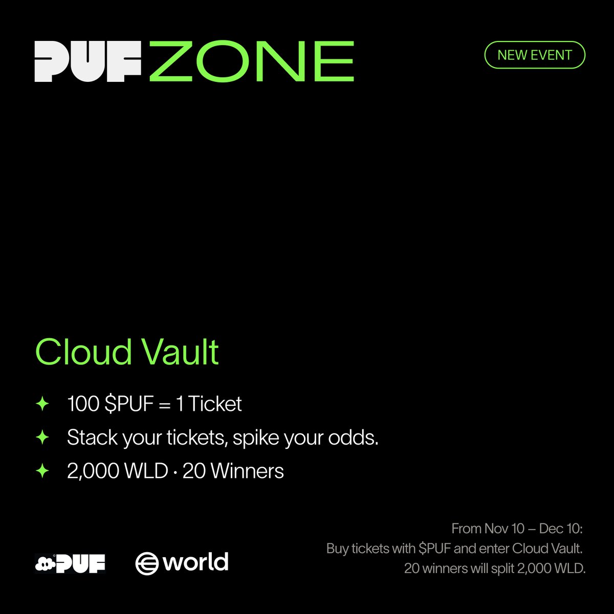 PufLaunch's tweet photo. PUF Zone: Cloud Vault ☁️

Nov 10 – Dec 10
Buy tickets with $PUF &amp; enter the Cloud Vault!
Feeling lucky? https://t.co/lbbhQPAwN3