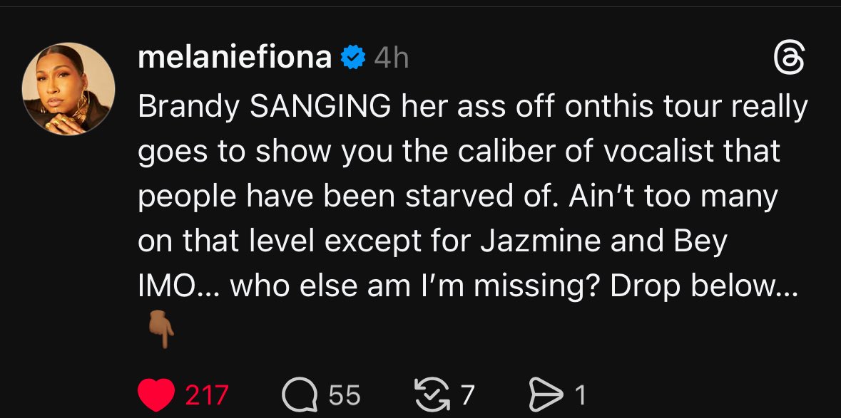 BlackArtistLove's tweet image. Melanie Fiona showing love to one of her favorite singers on Threads - #Brandy  #TheBoyIsMineTour