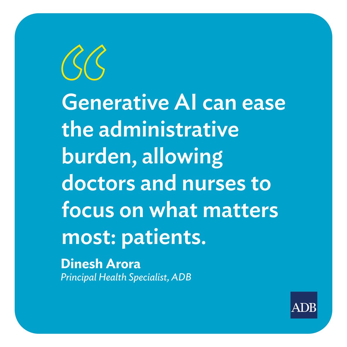 ADB_HQ's tweet image. Generative AI could be the breakthrough that propels health systems into the digital age. 

From documentation to diagnosis, it offers new ways to support health workers and improve care: ow.ly/ZWtt50Xmgpp