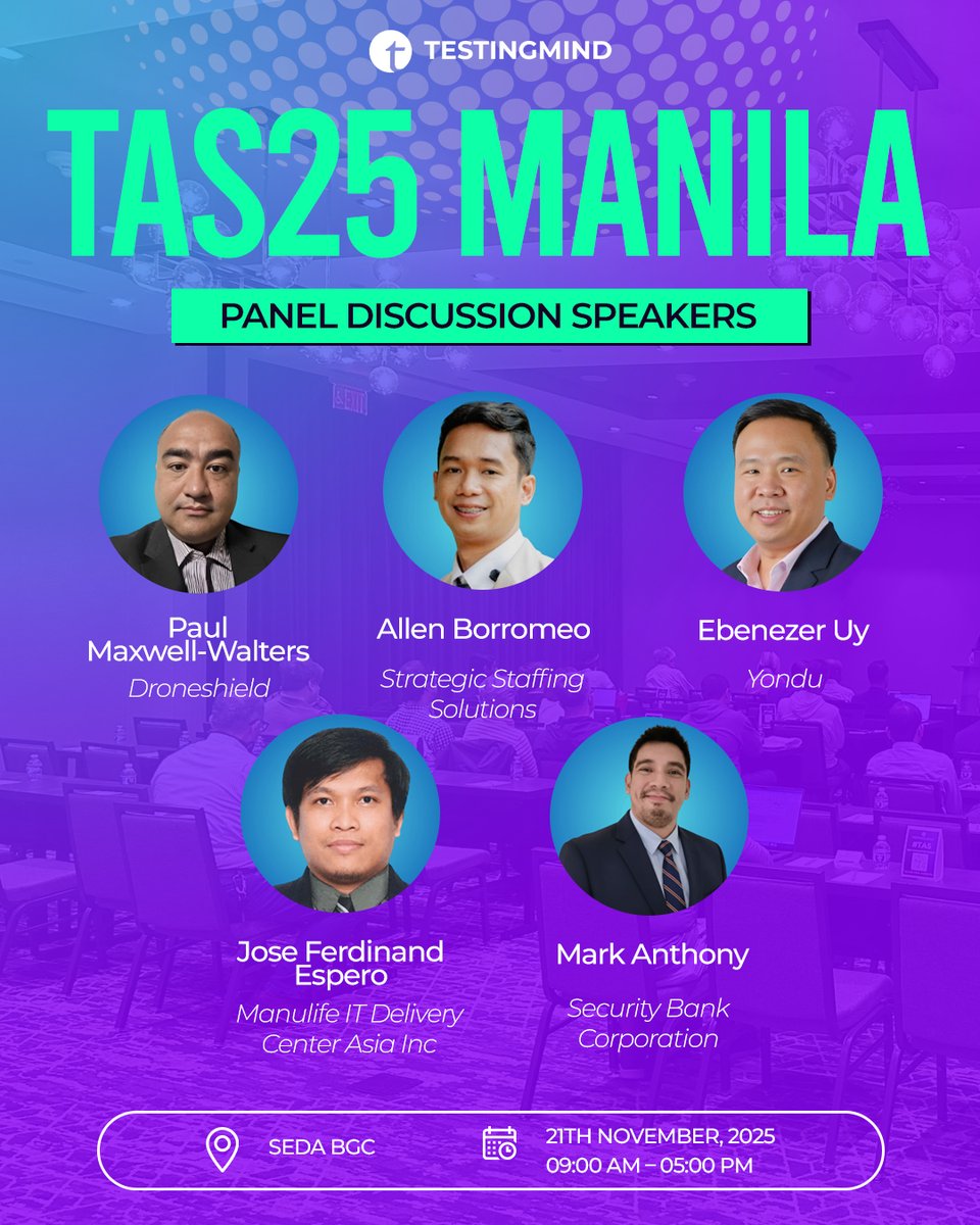 testingmindcon's tweet image. AI Meets the Future of Testing — Get Ready for a Power-Packed Panel in Manila! 🚀

The future of testing isn’t just automated — it’s intelligent, adaptive, and human-aware. 🤖✨
Join us at the Test Automation Summit – Manila on November 21, 2025, for a high-impact panel…