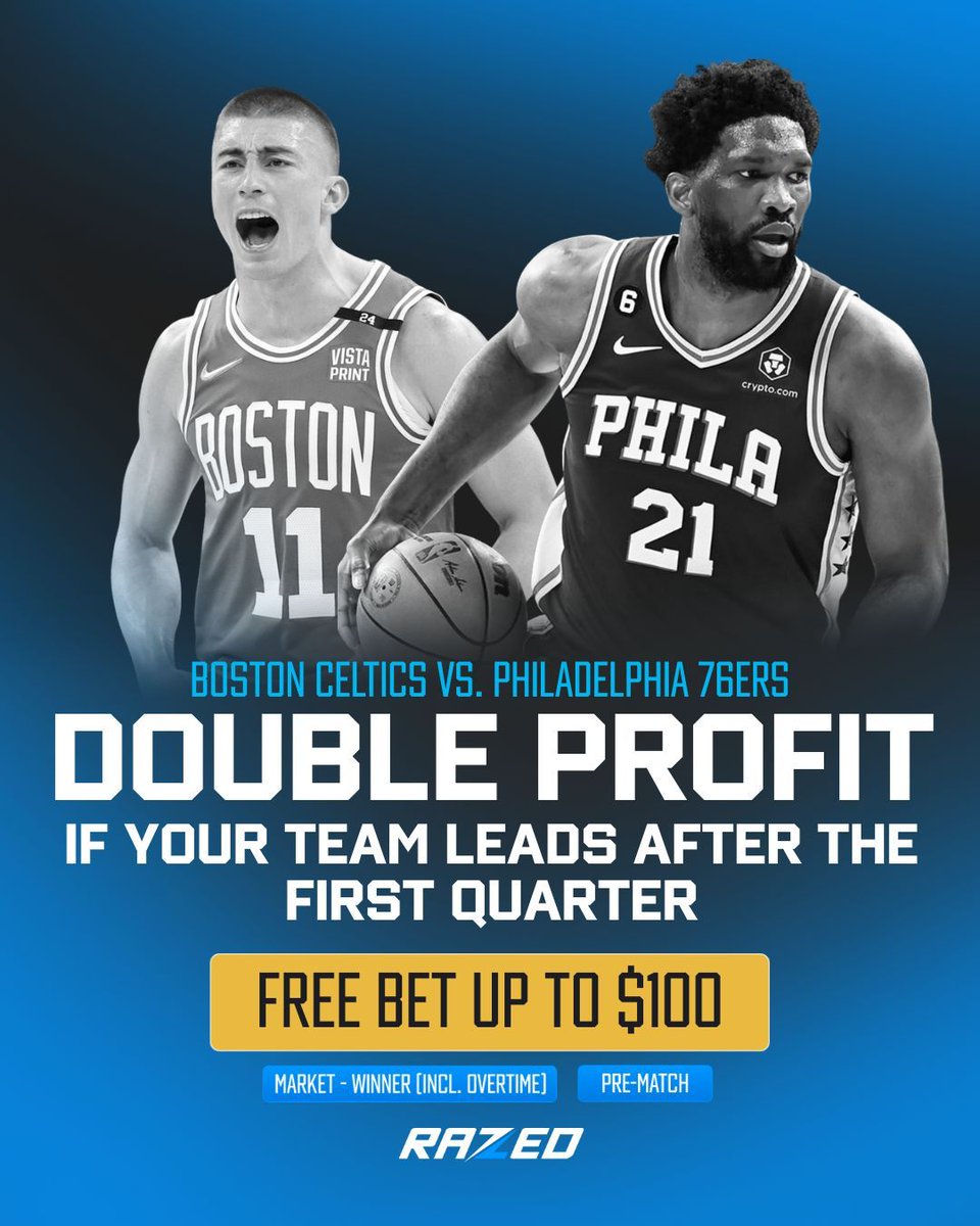 🚨NBA PROMOTION🚨

Bet on either Celtics or 76ers to win, Get DOUBLE PROFIT if your team leads after the first quarter and wins.

Pre-Match bets only - Free Bet up to $100.