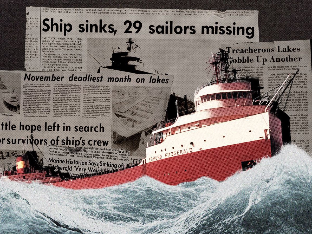 ndd25's tweet image. Fifty years ago today, on November 10th 1975, The SS Edmund Fitzgerald sank in Lake Superior during a storm. All 29 men that were part of the ship’s crew were lost at sea. To this day, it is the largest ship that has wrecked in any of the Great Lakes. The legacy of these men…