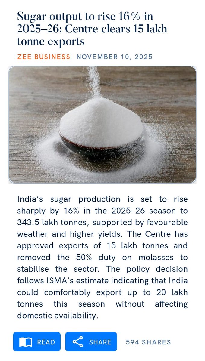 Sugar output to rise 16% in 2025–26; Centre clears 15 lakh tonne exports
zeebiz.com/economy-infra/…