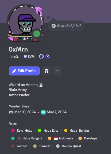 0xMrn_eth's tweet photo. My HeLa Bucket List before TGE

I checked:
• Discord chat ✅
• HLUSD balance ✅
• Zealy quest ✅
• Discord role ✅
Discord: imrn2.

Follow: @HeLa_Labs
#HeLaLabs #HeLaAI #HLUSD #HeLaBucketList https://t.co/GfgMpiFdgX